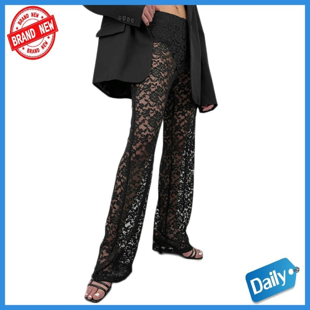 Sheer Mesh Straight Leg Pants See Through Lace Slim Fit